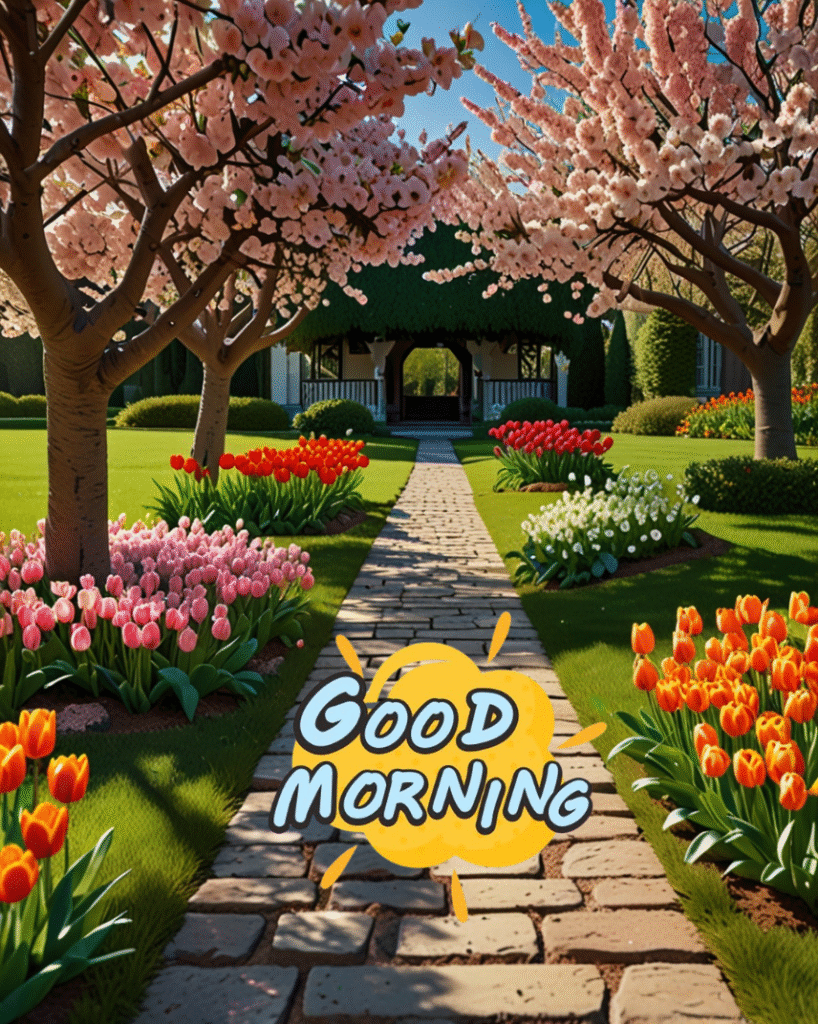 Good morning path, cherry blossoms, tulips, cottage, sunny garden