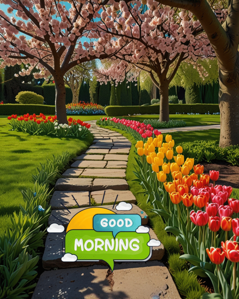 Good morning path, tulips, cherry blossoms, spring garden, sunny sky