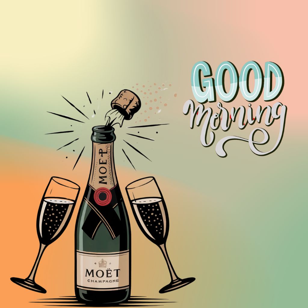 20+ Good Morning Image to Start Mornings with Smiles 19 Illustration of Moët champagne bottle popping open with two filled glasses and a “Good Morning” greeting