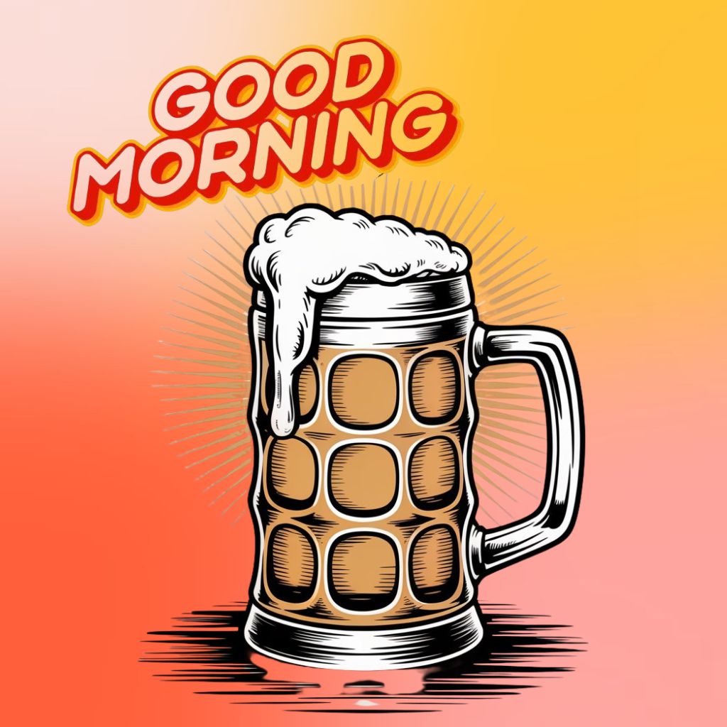 20+ Good Morning Image to Start Mornings with Smiles 8 Illustration of a frothy beer mug with "Good Morning" text on a vibrant orange and pink gradient background.