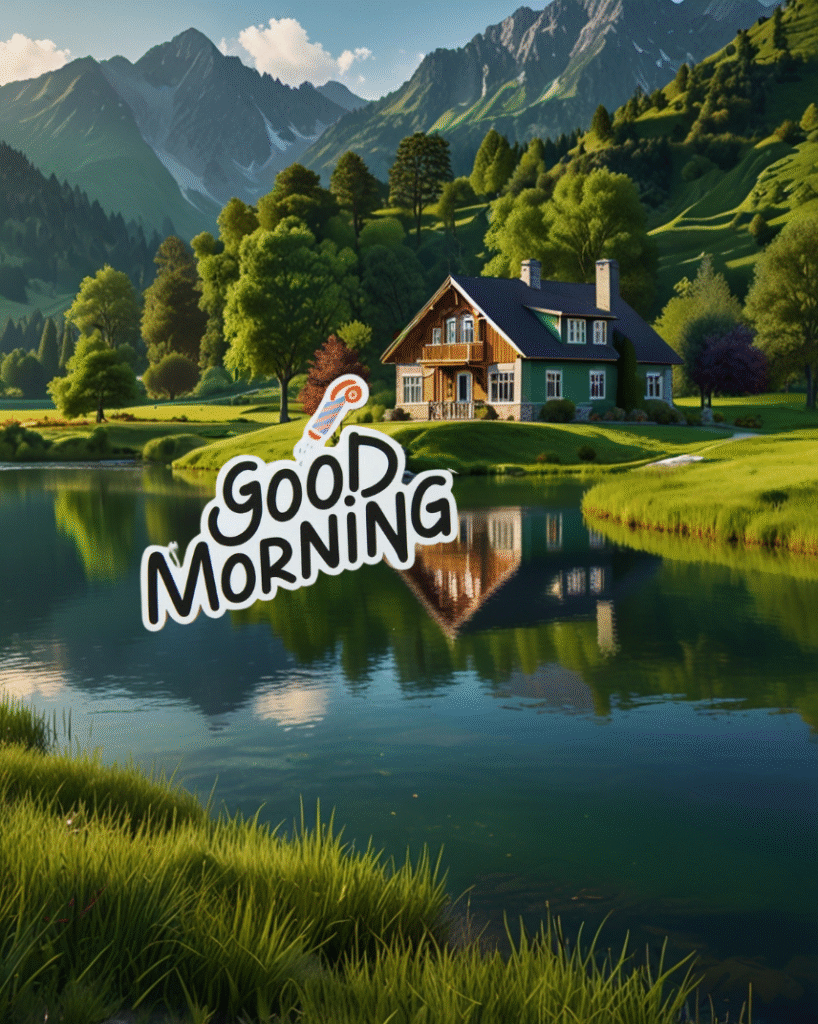 Lakeside house, mountain background, Good Morning text with whistle