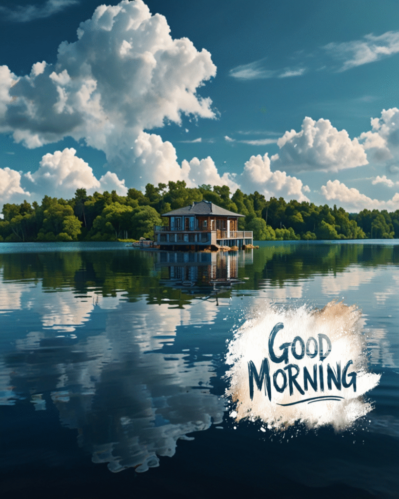 Lakeside house with reflection, cloudy sky, and Good Morning wishes