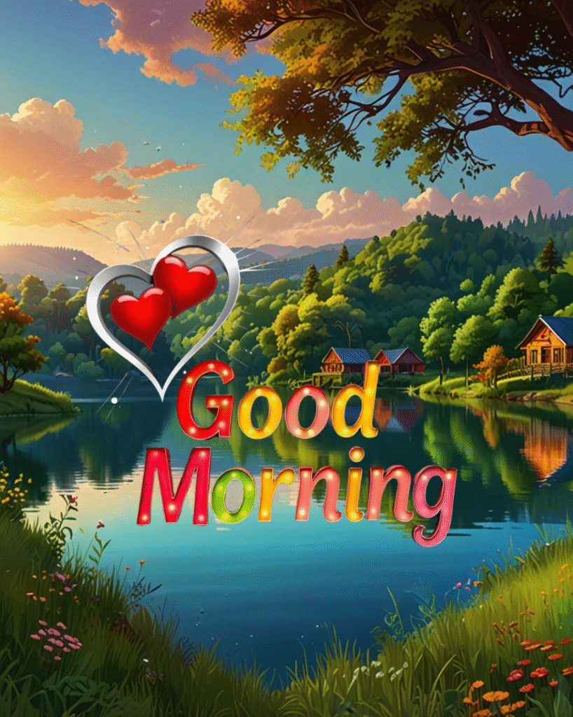 Lakeside sunrise with cottages, hearts, and Good Morning