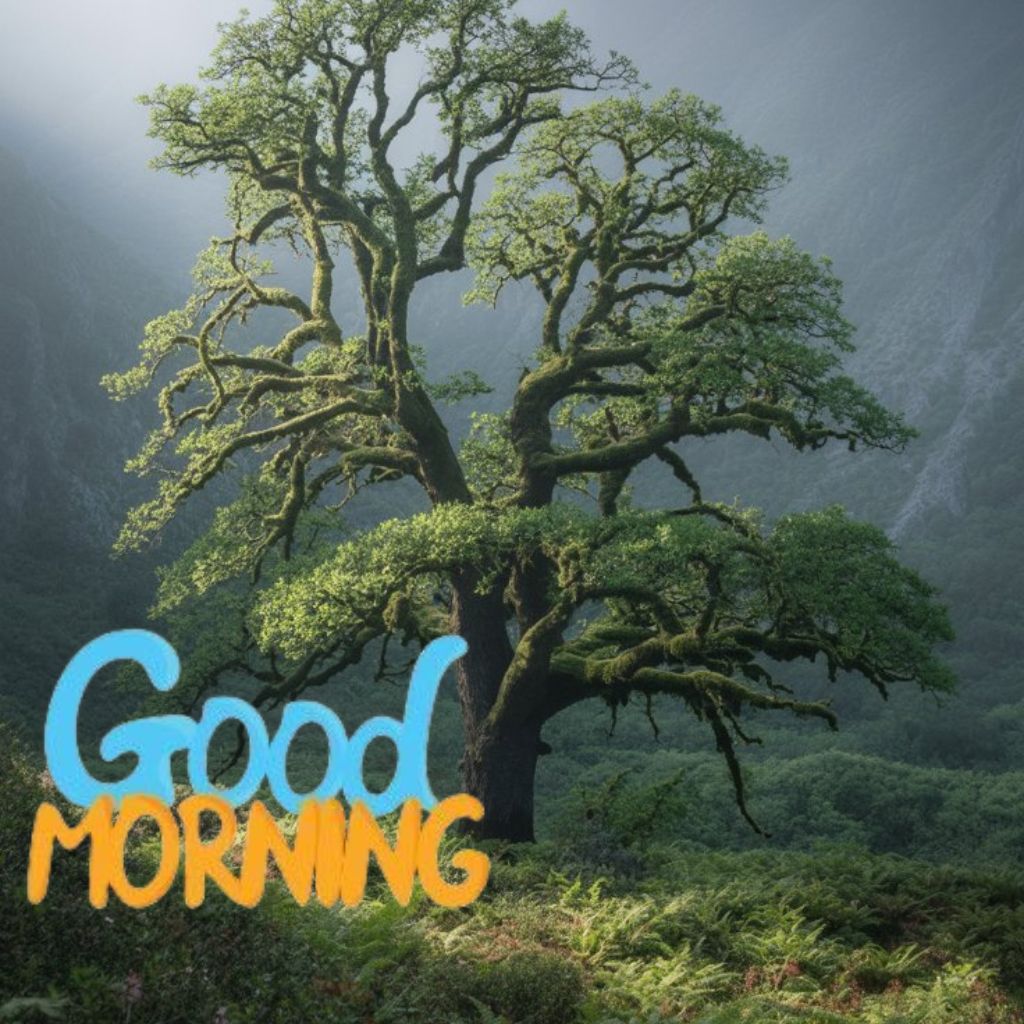 20+ Good Morning Image to Start Mornings with Smiles 9 Majestic old tree with lush green leaves in a misty forest, with "Good Morning" text in blue and orange.