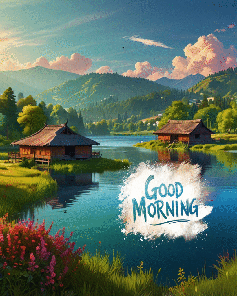 Morning lake view with wooden huts, flowers, and mountain backdrop with good morning wishes