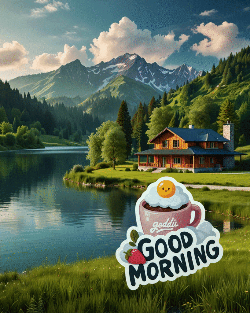 Mountain cabin by lake, Good Morning cup graphic with strawberry