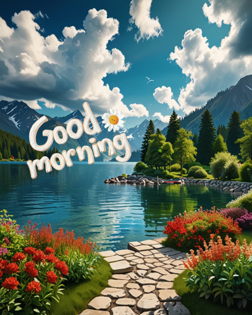 Mountain lake, flower path, trees, bright sky, good morning text