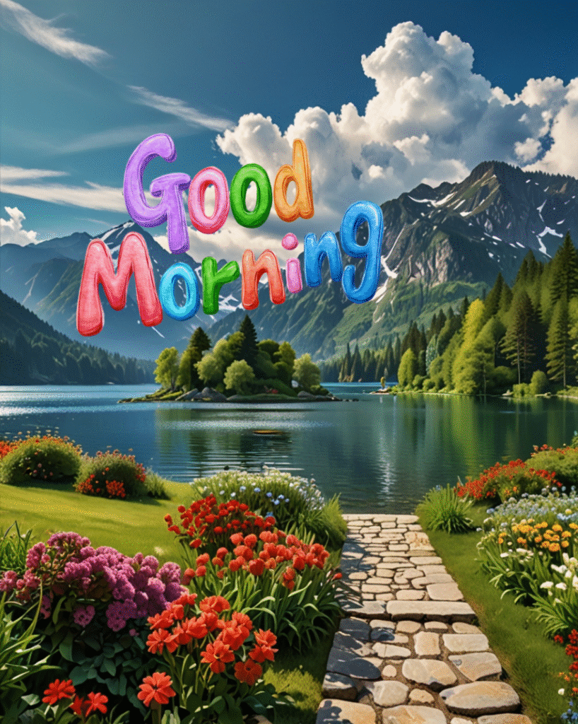 Mountain lake with flowers, stone path, and good morning text