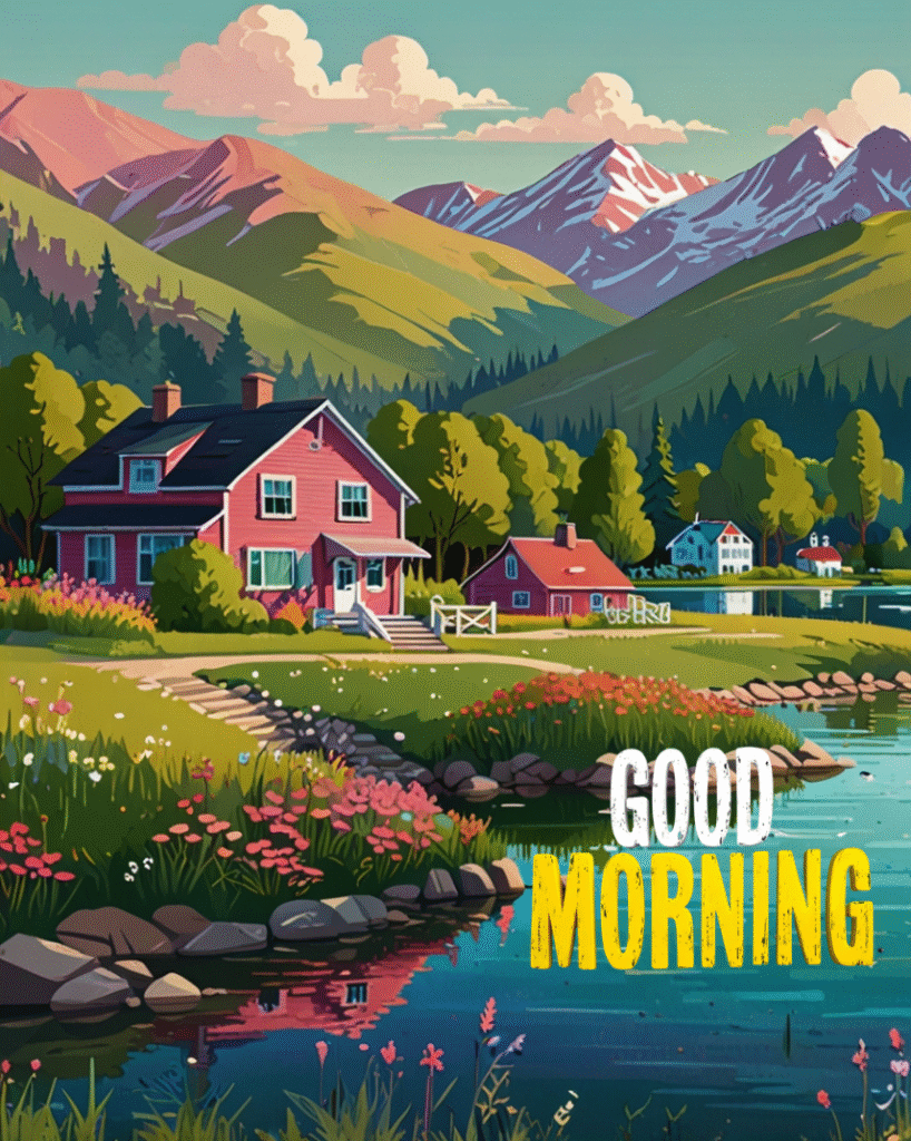 Mountain village with lake, red house, and Good Morning