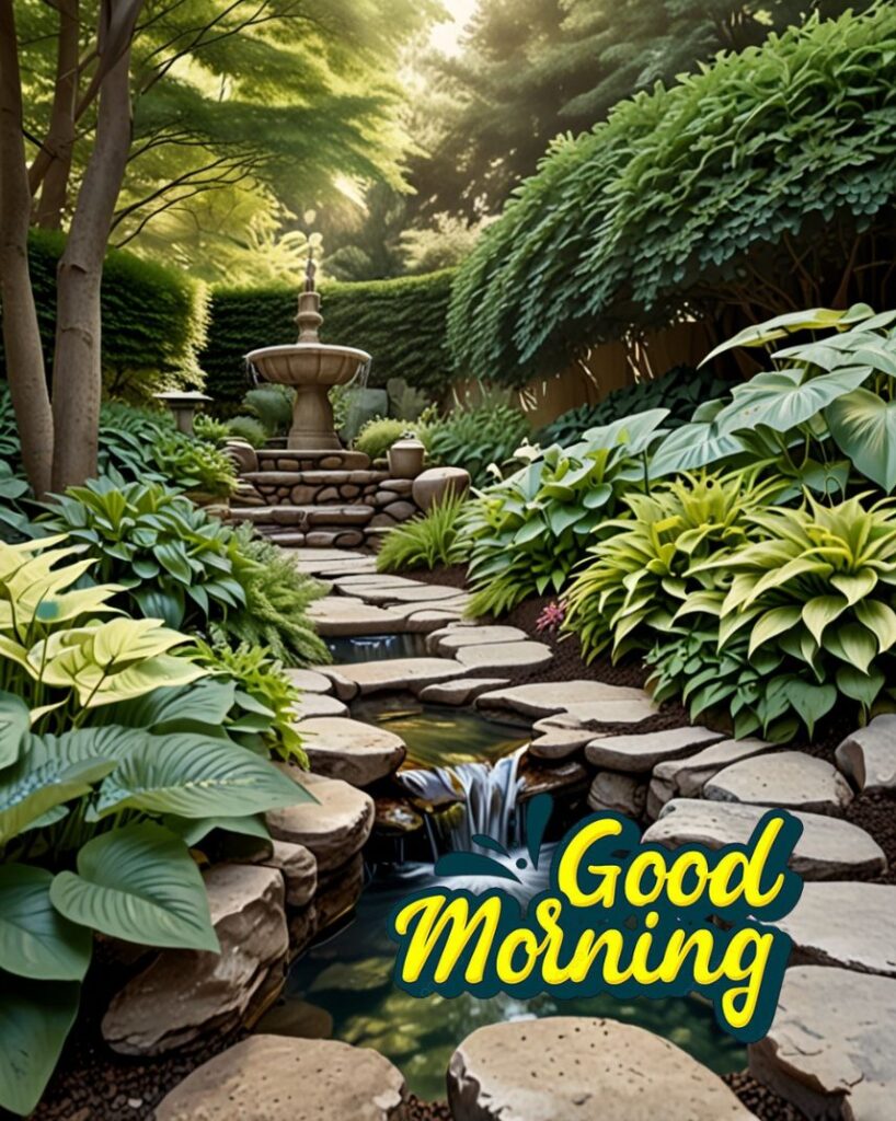 20+ Cute Simple Good Morning Images That Make You Smile Instantly 4 Stone pathway winding through a shaded rock garden with hostas, ferns, and a small bubbling fountain.