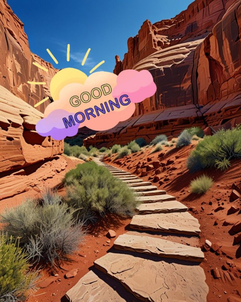 20+ Cute Simple Good Morning Images That Make You Smile Instantly 11 A winding canyon trail with layered red rock formations under a vivid blue desert sky.