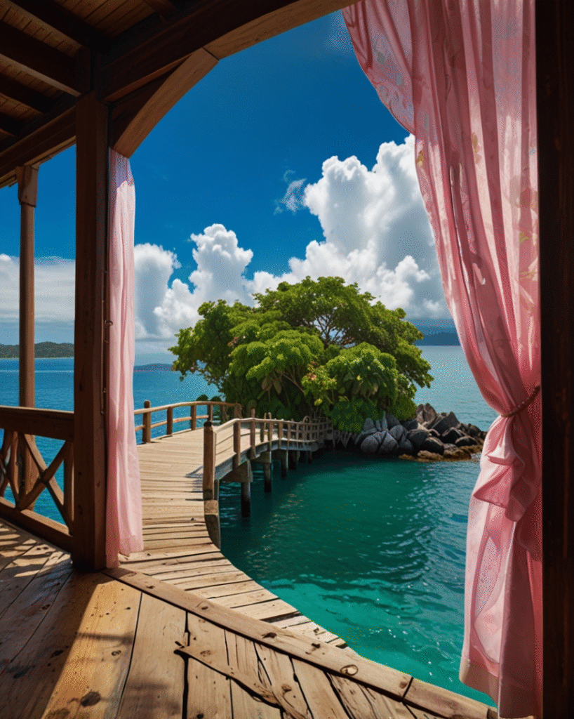 Ocean view from wooden balcony with curtains and boardwalk bridge wallpaper