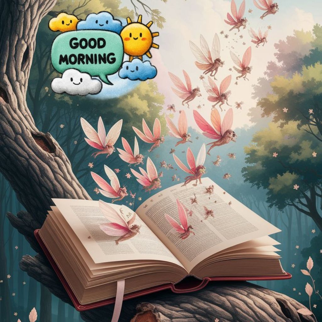 20+ Good Morning Image to Start Mornings with Smiles 10 Open book in a forest with pink fairies flying out, and a cheerful "Good Morning" greeting with cartoon clouds and sun