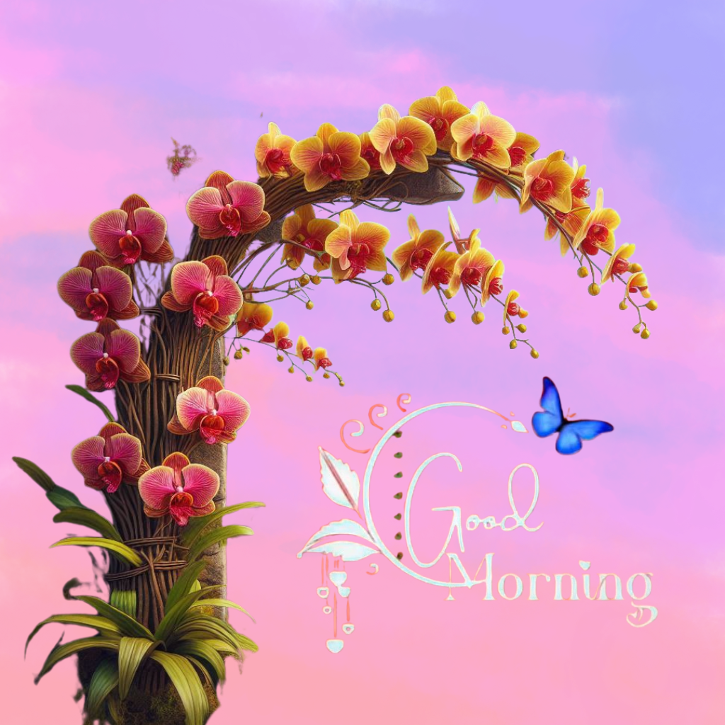 Orchids arch gracefully with butterfly and Good Morning text design