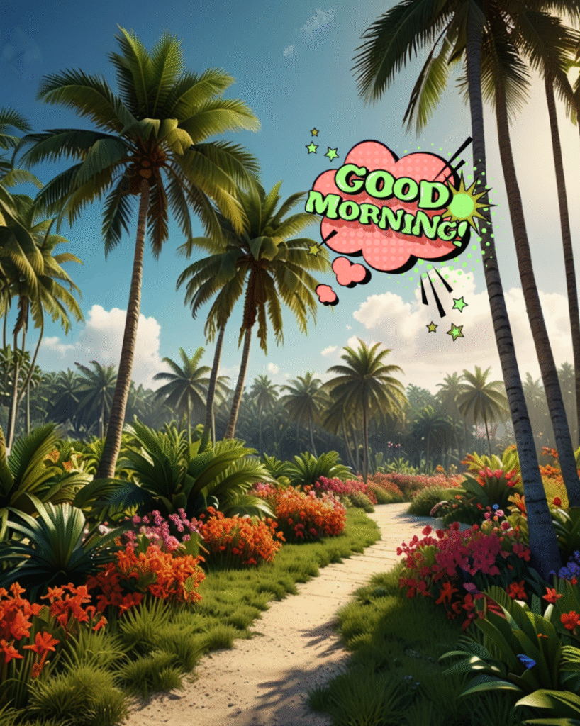 Palm-lined garden path with colorful flowers under sunny blue sky with good morning wishes
