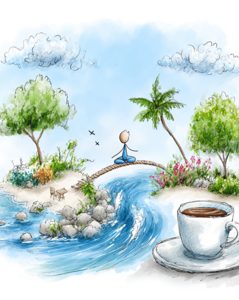 Peaceful cartoon figure meditating on bridge near beach and coffee wallpaper