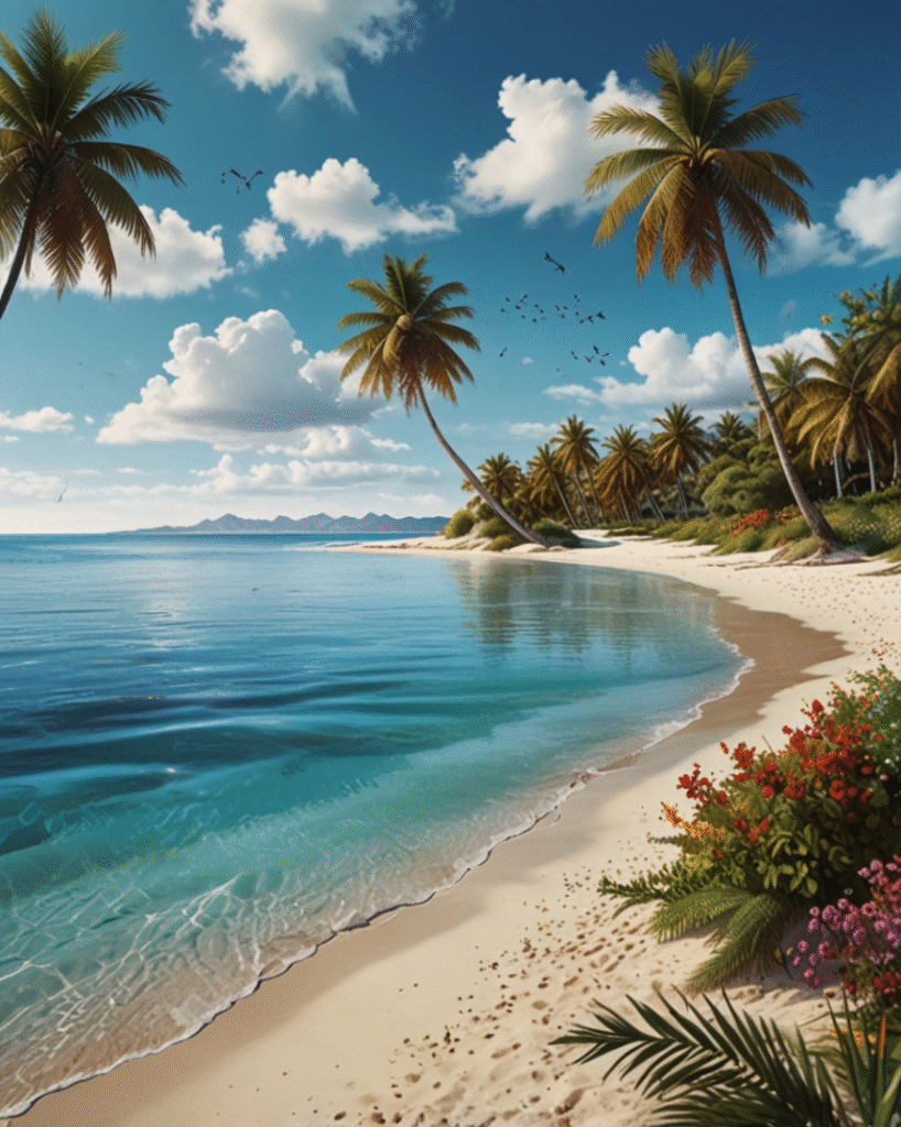 Peaceful tropical beach with clear water, palm trees, and flowers wallpaper