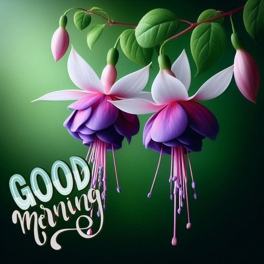 Pink and purple flowers with Good Morning text on green