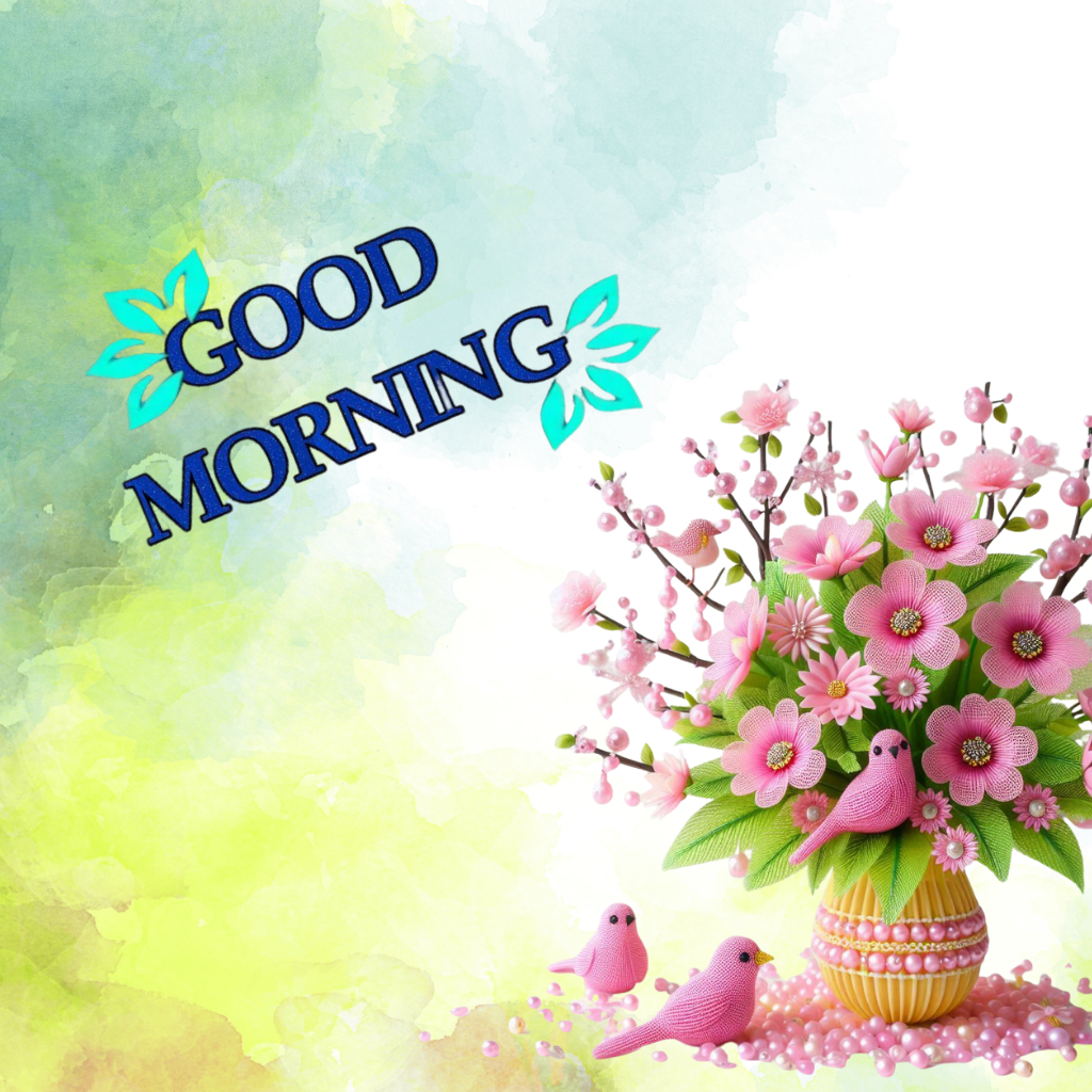 Pink birds and flowers with Good Morning text on background