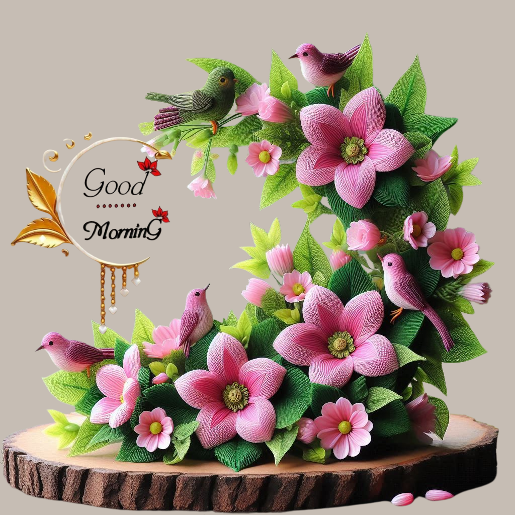 Pink birds with blooming flowers and Good Morning text decoration