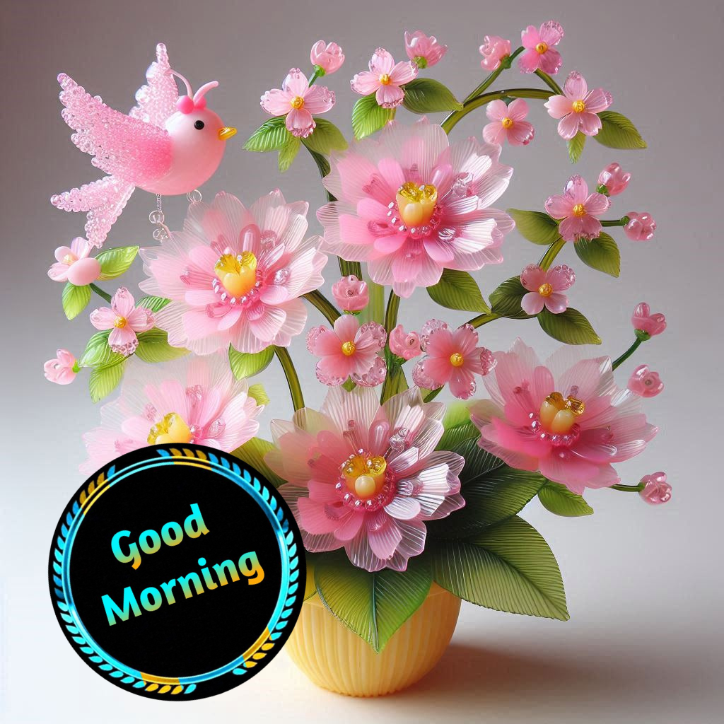 Pink flowers and bird with Good Morning text circle