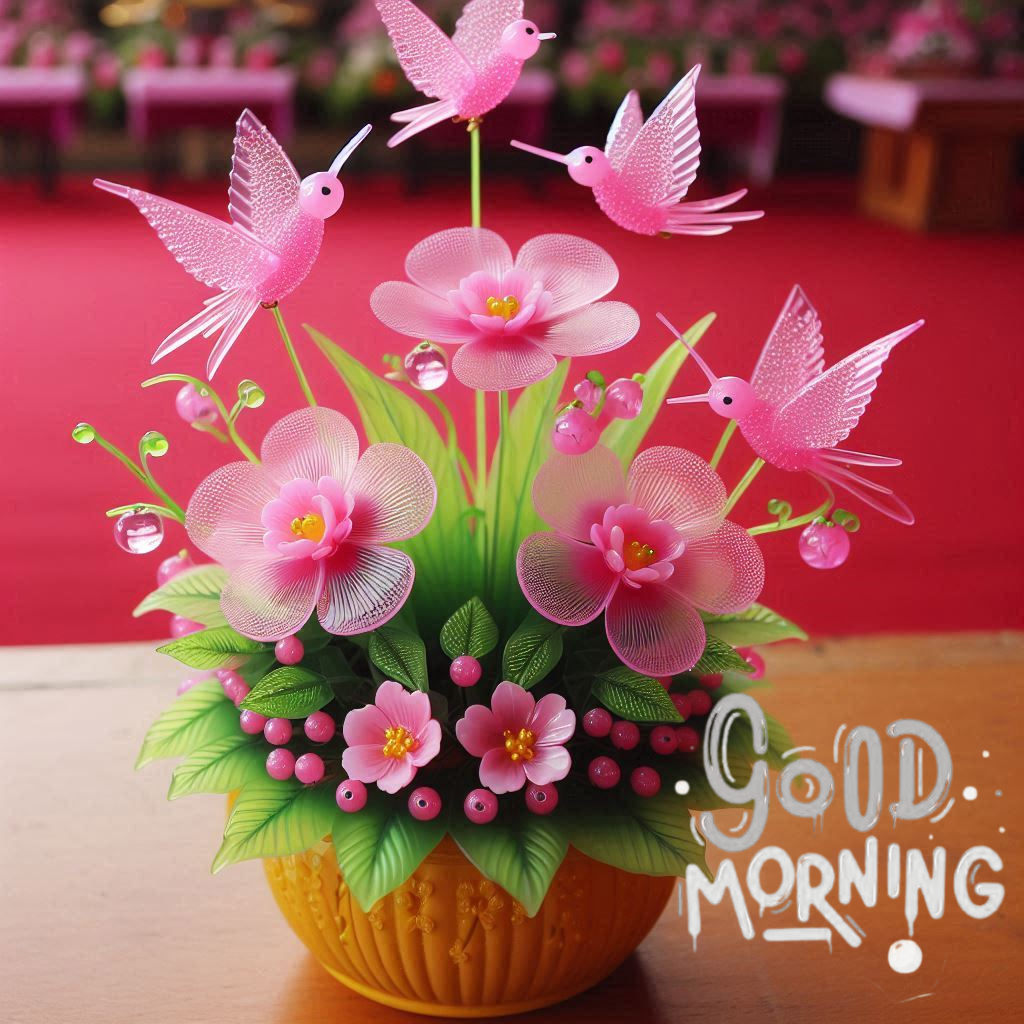 Pink flowers and birds in decorative pot, Good Morning message