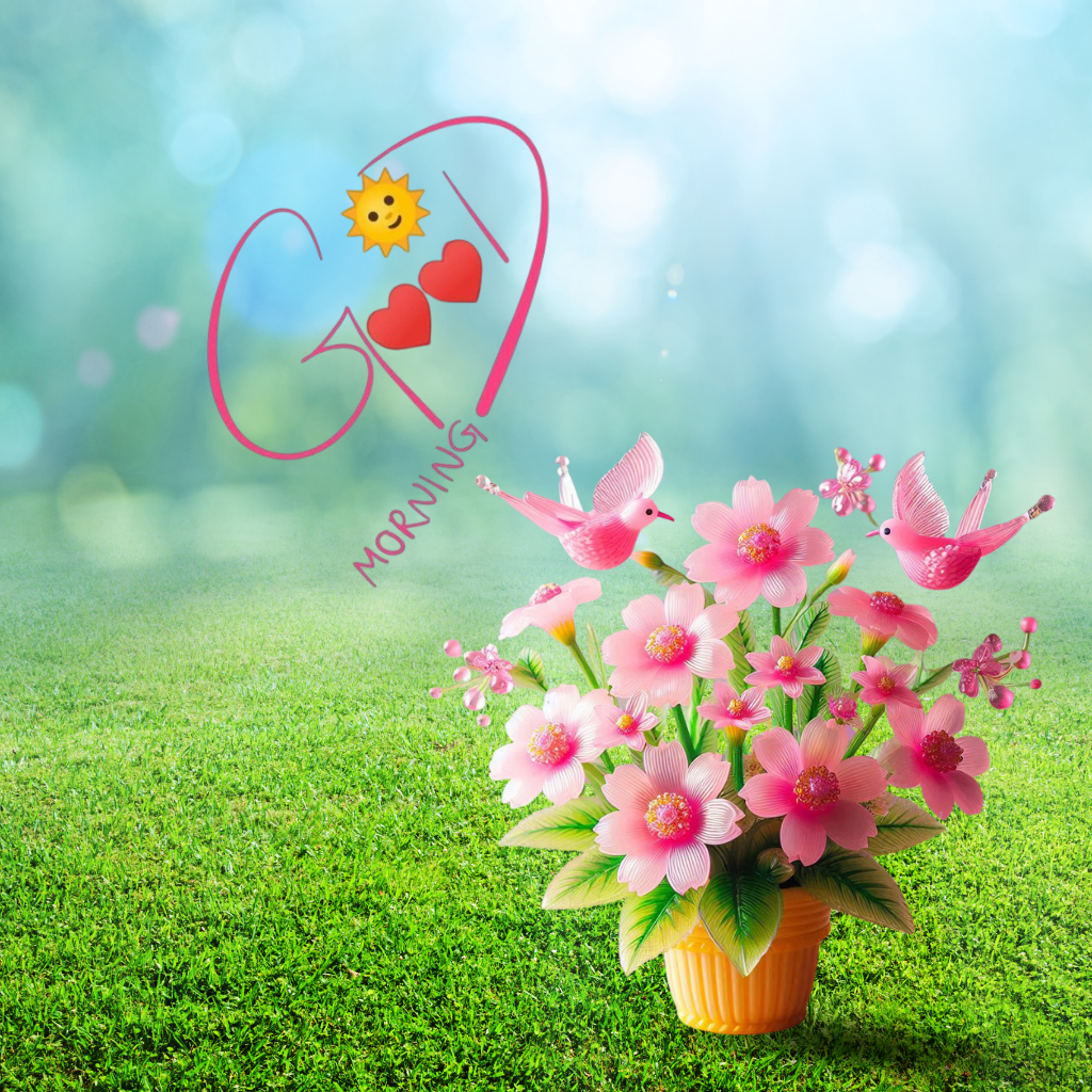 Pink flowers, birds, and creative Good Morning text on grass