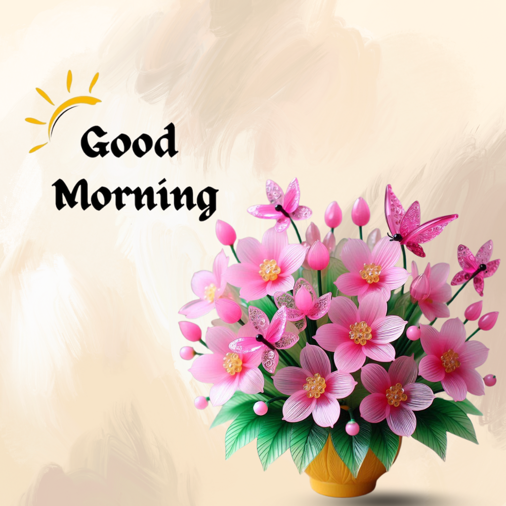 Pink flowers with butterflies in vase, Good Morning text art