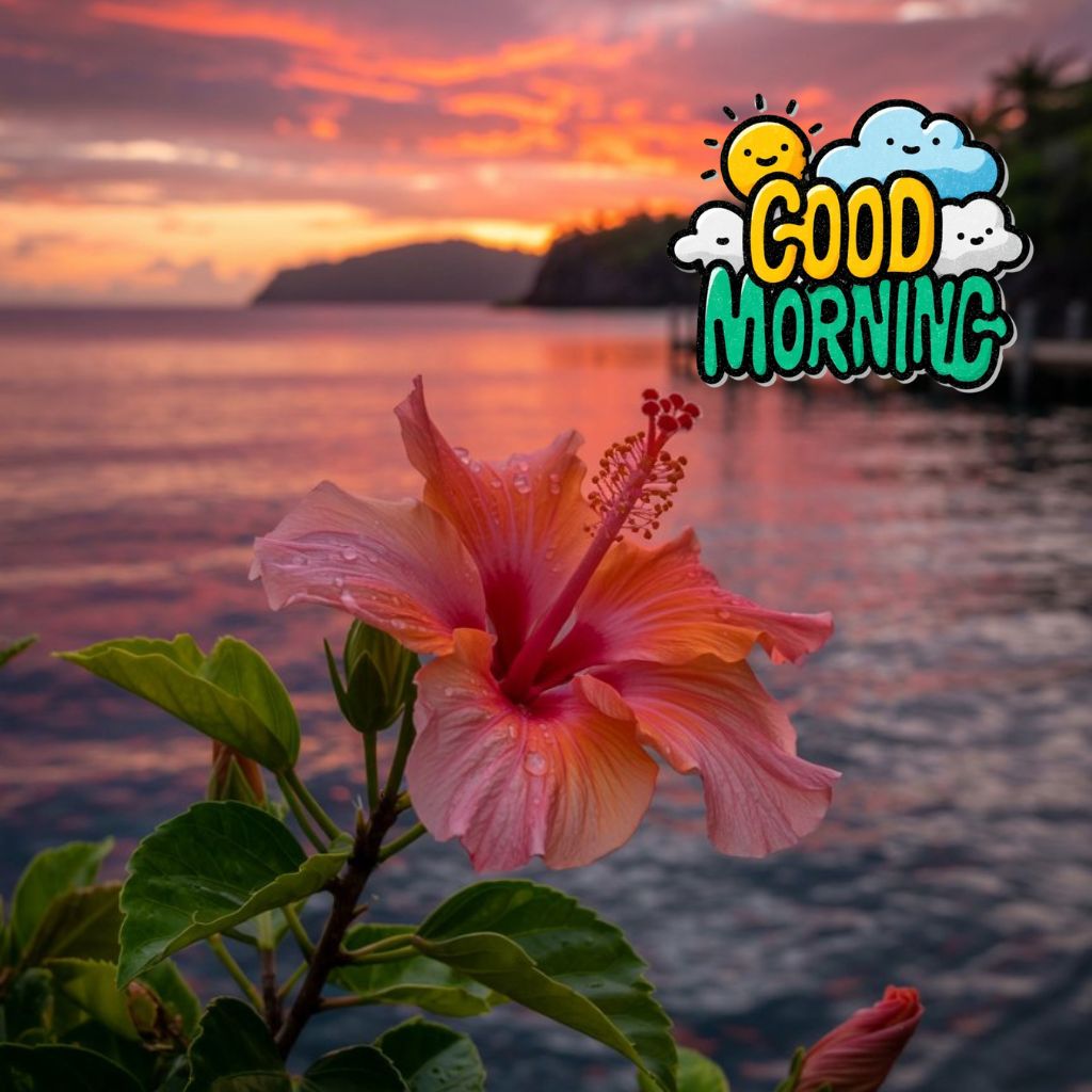 20+ Good Morning Image to Start Mornings with Smiles 11 Pink hibiscus flower with dewdrops in front of a colorful sunrise over the ocean, with "Good Morning" text overlay