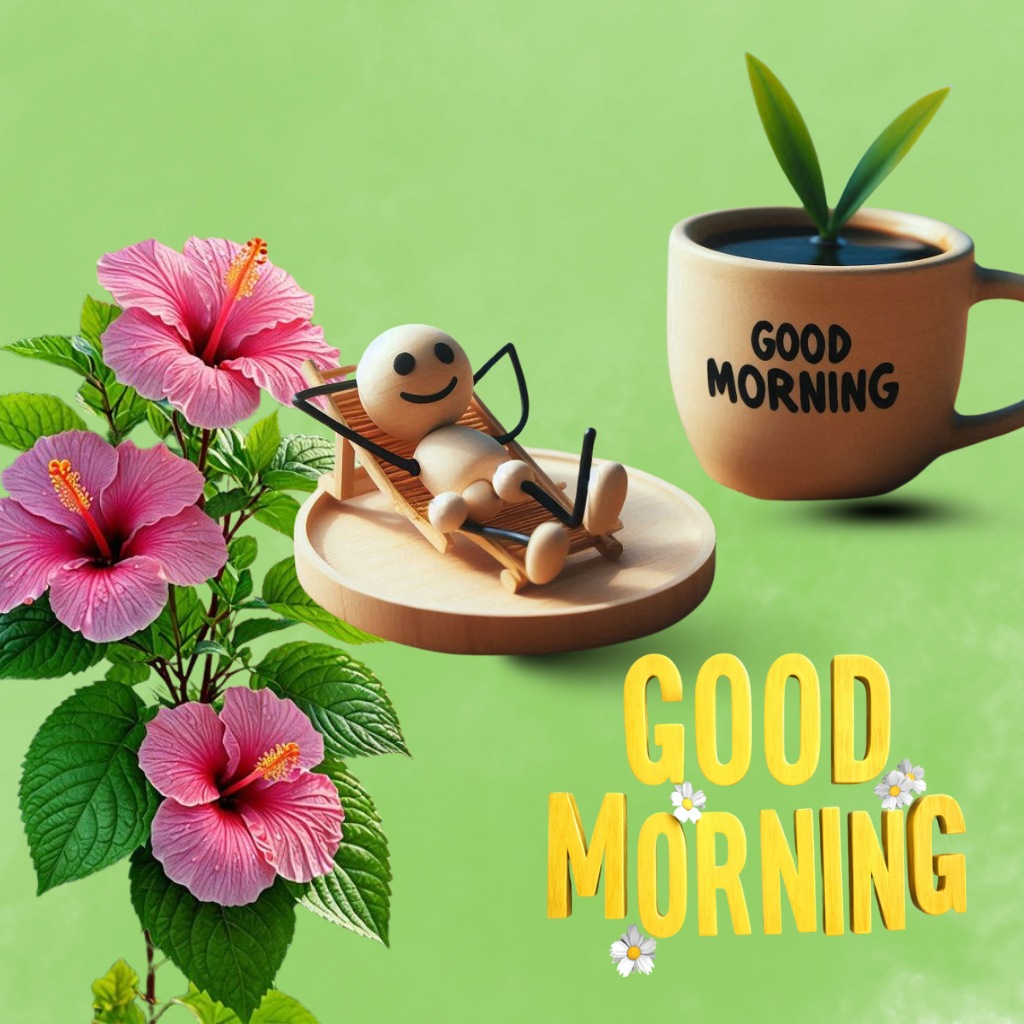 Pink hibiscus flowers, coffee cup, relaxing figure and Good Morning message