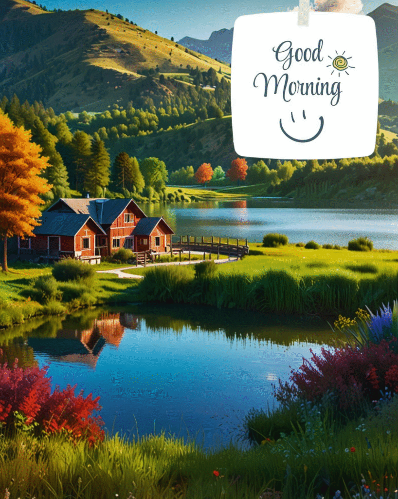 Red cottages beside lake with mountains, trees, and Good Morning note