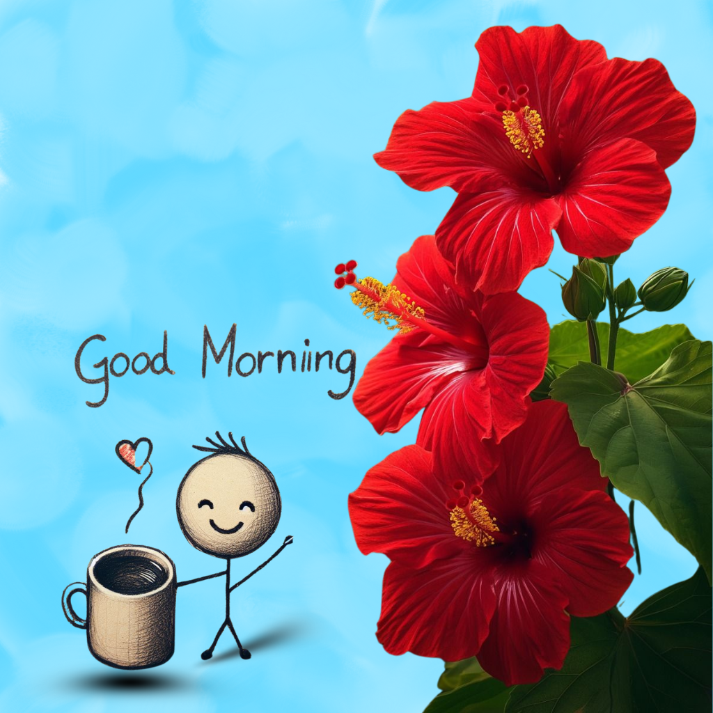 Red hibiscus flowers with Good Morning and cartoon coffee character