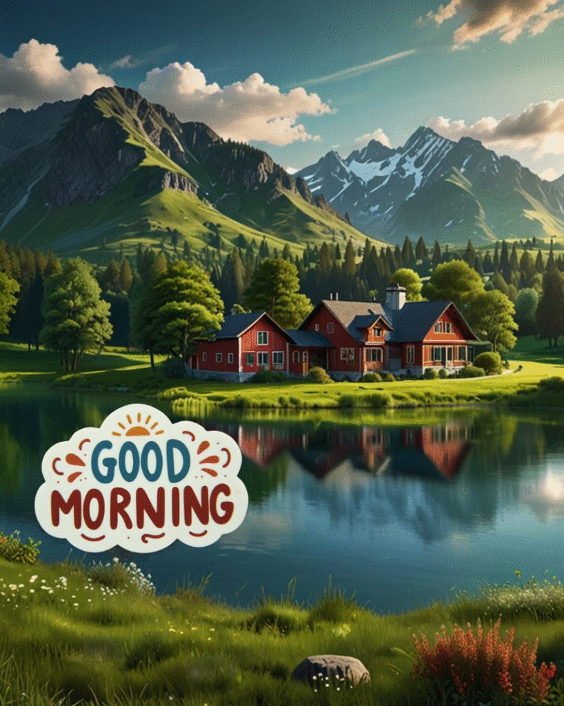 Red house by lake, mountains behind, Good Morning cheerful sign