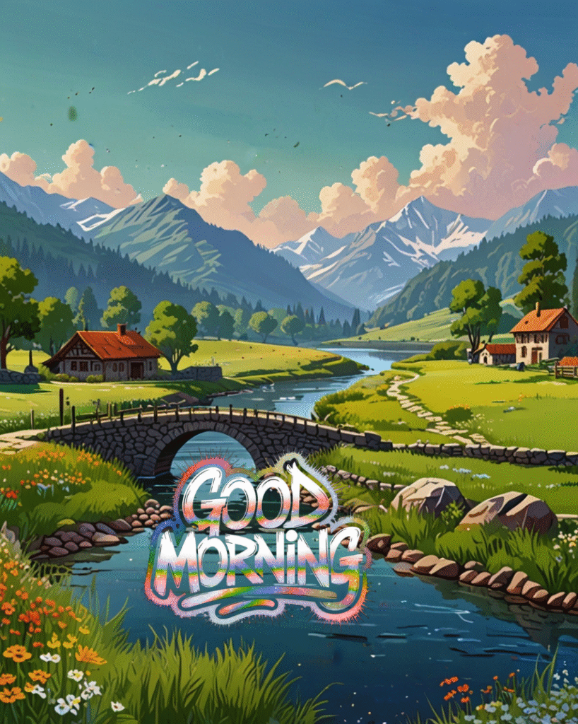 River valley with mountains, cottages, flowers, and good morning wishes