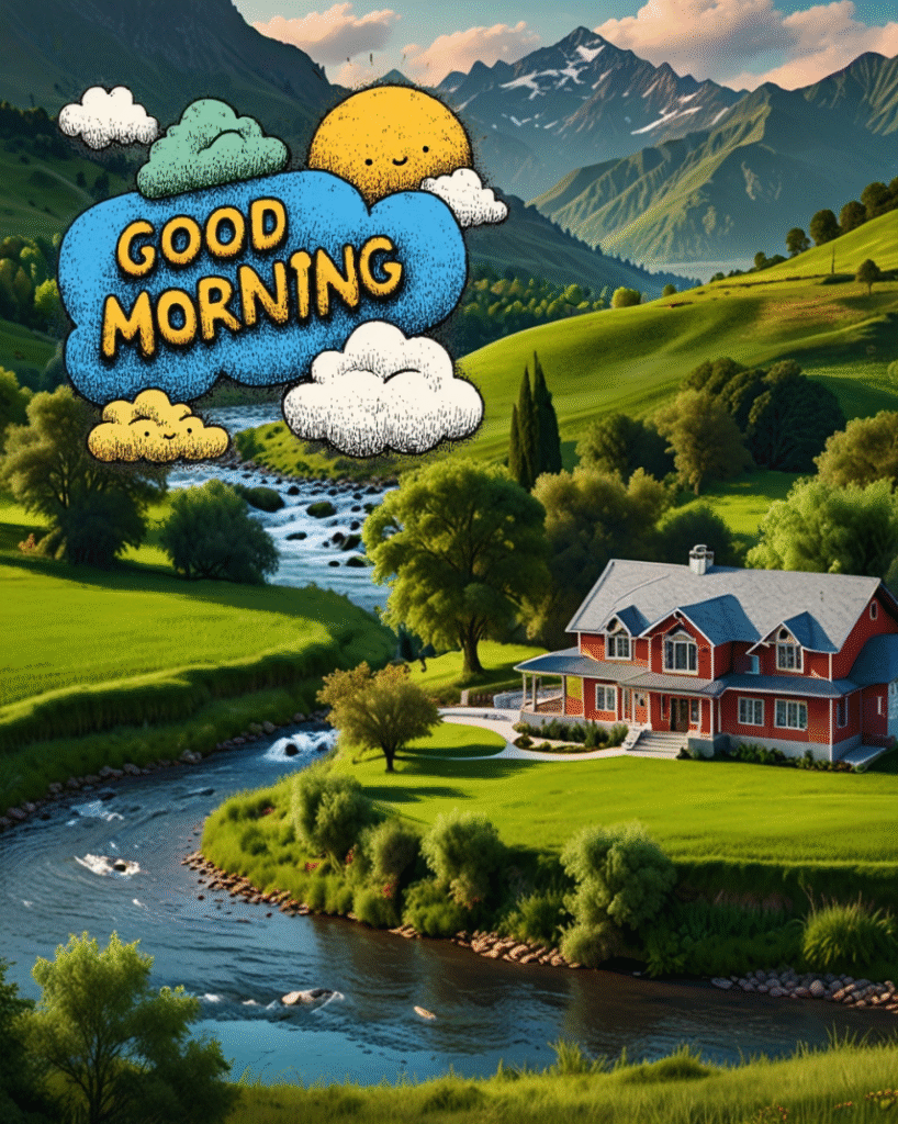 Riverhouse with mountains, clouds, and cheerful Good Morning graphic