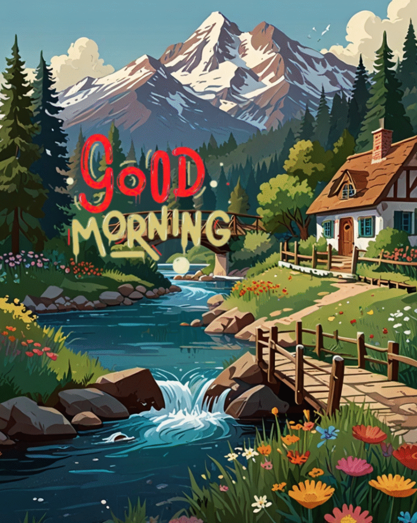 Scenic mountain cottage with stream, flowers, and Good Morning
