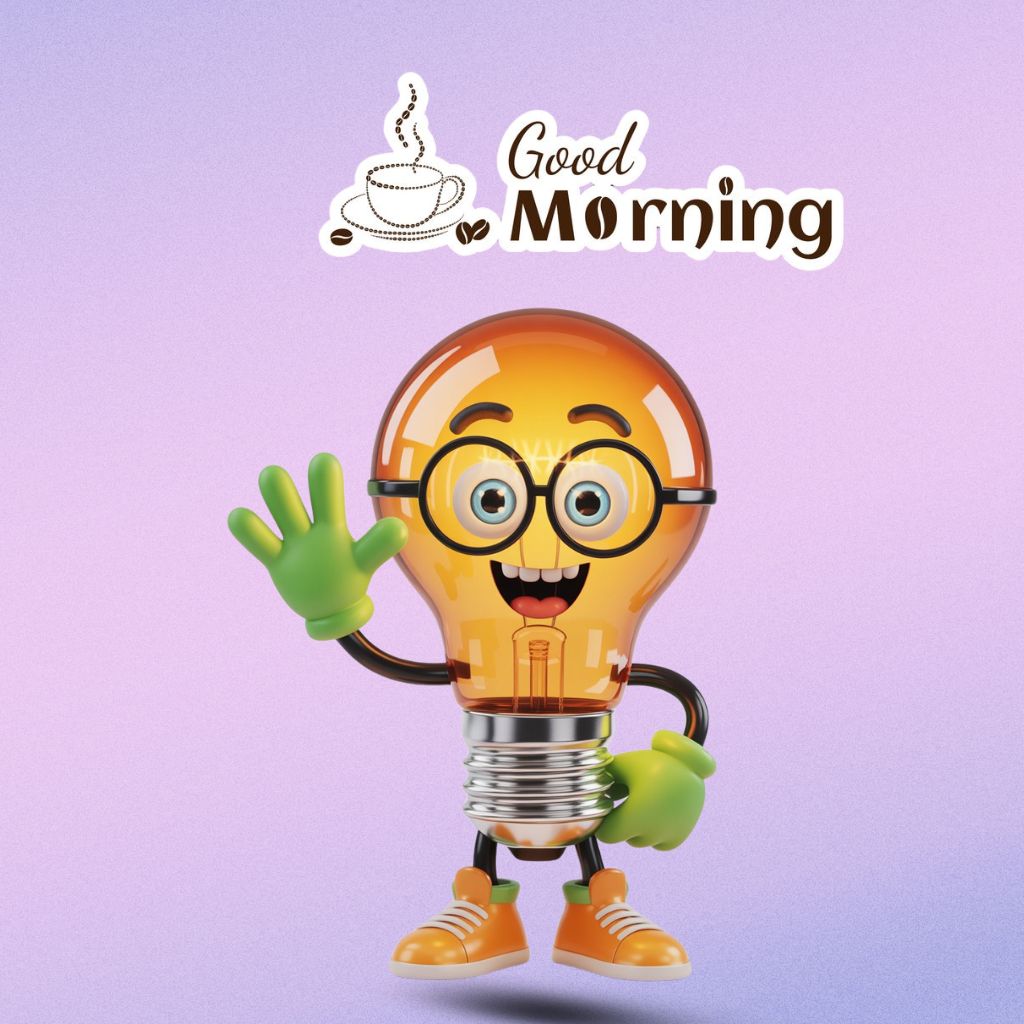 20+ Good Morning Image to Start Mornings with Smiles 3 Smiling cartoon light bulb character with glasses waving, under a "Good Morning" message and coffee cup illustration.