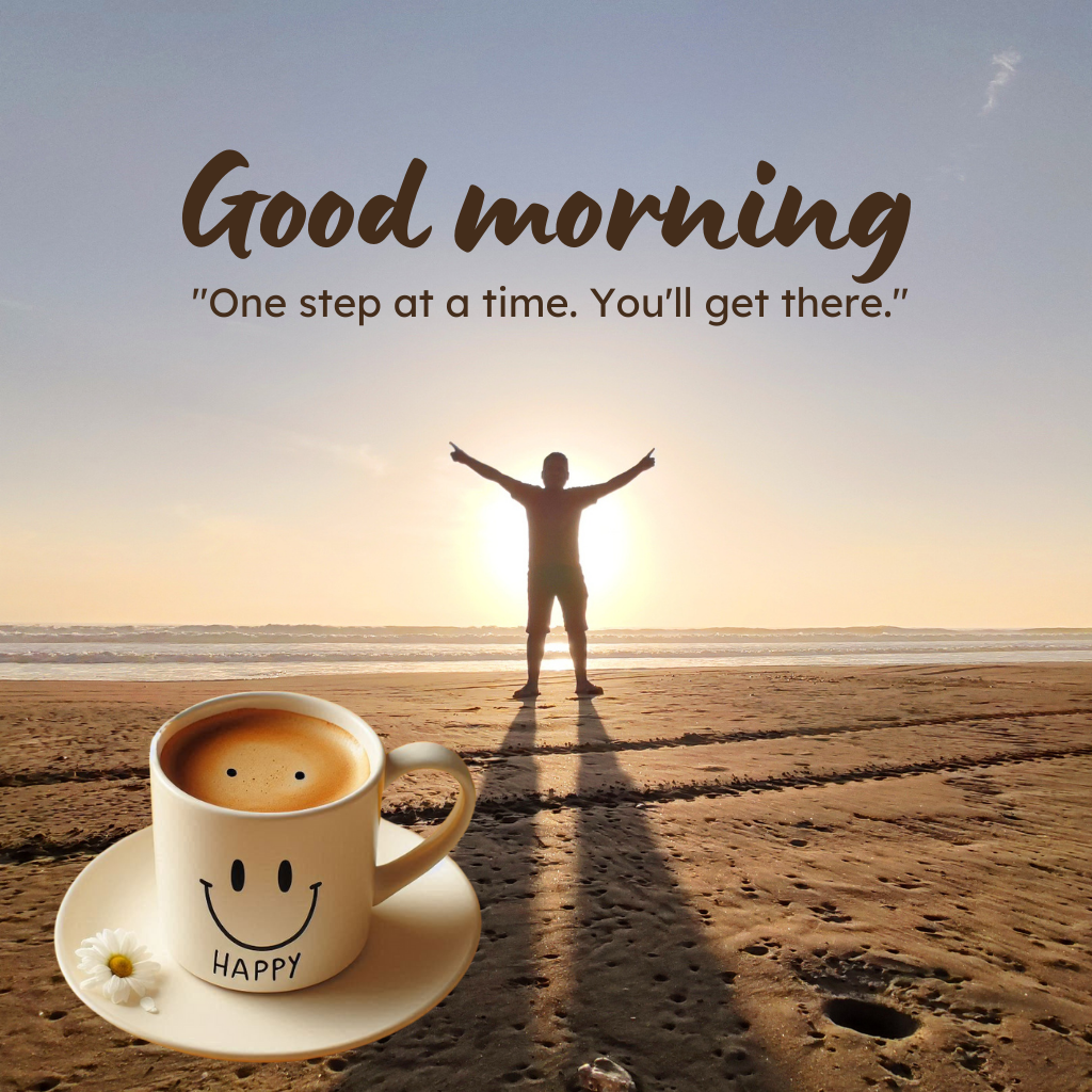 20+ Good morning coffee images 12 Smiling coffee cup and person on beach at sunrise with good morning message