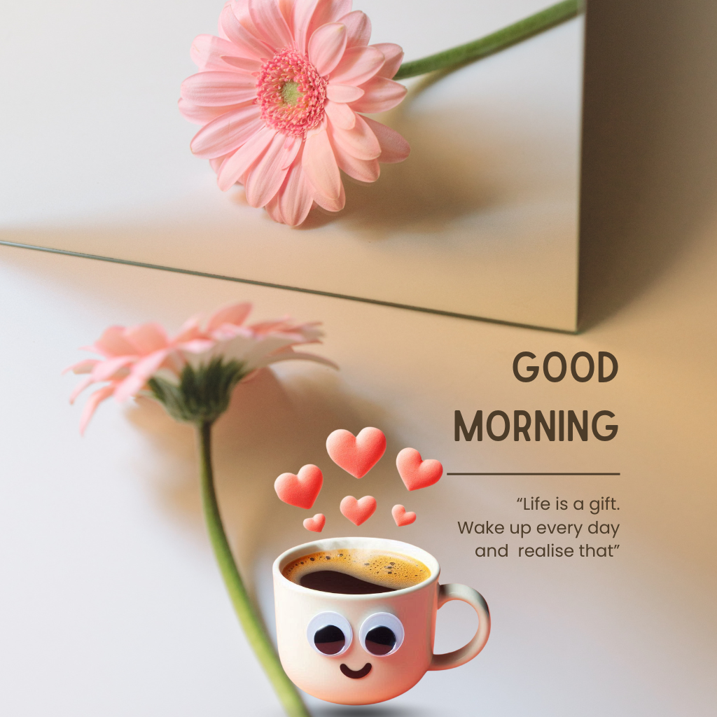 20+ Good morning coffee images 5 Smiling coffee cup, pink flower, hearts, and good morning quote