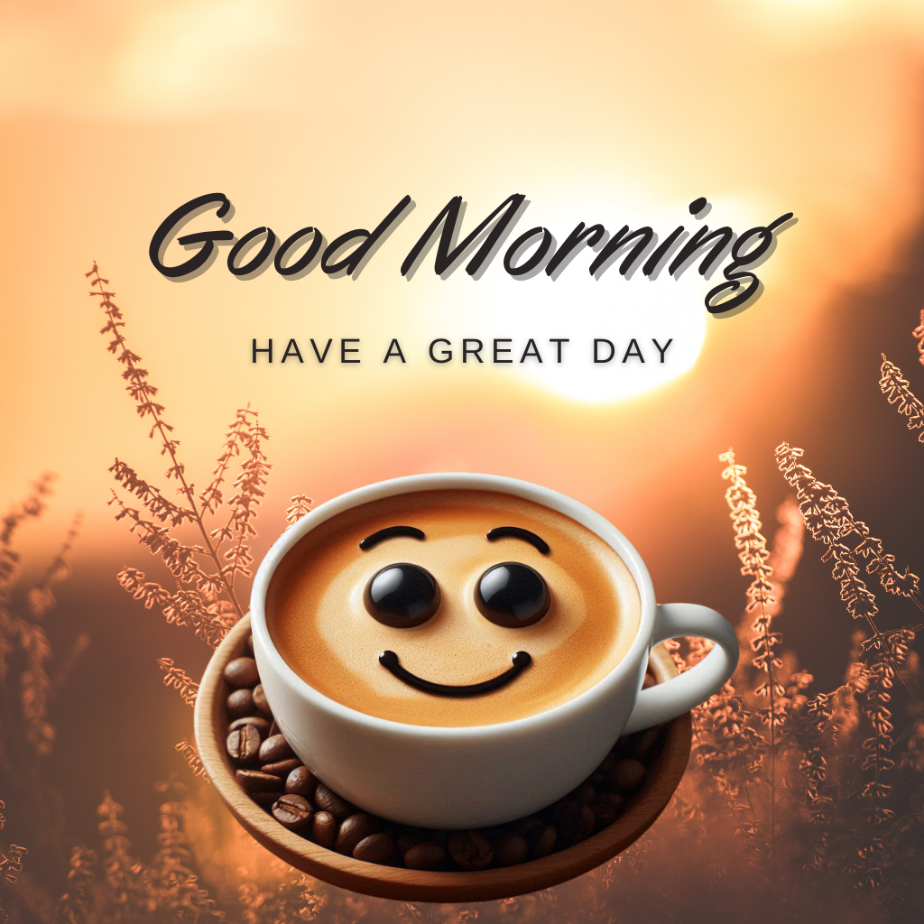 20+ Good morning coffee images 11 Smiling coffee cup with Good Morning text at sunrise