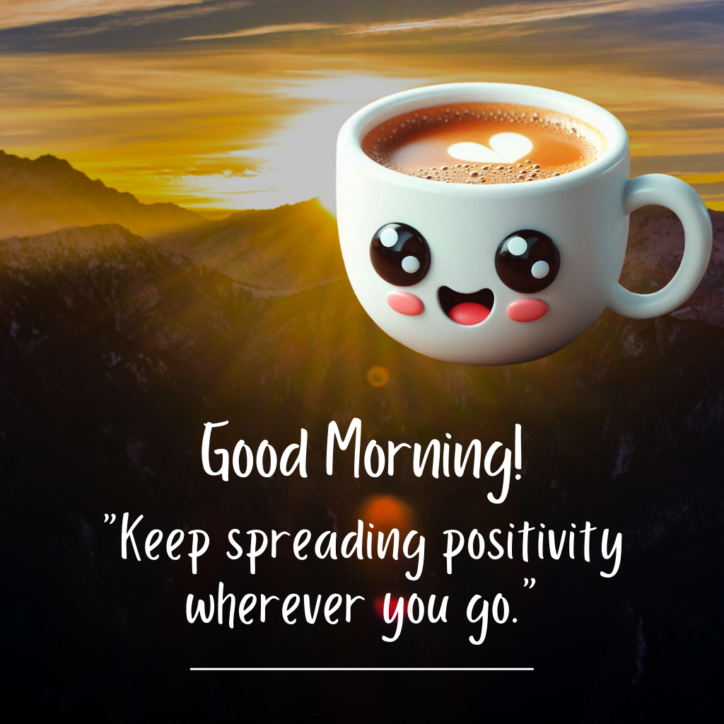 20+ Good morning coffee images 9 Smiling coffee cup with sunrise and positive morning message