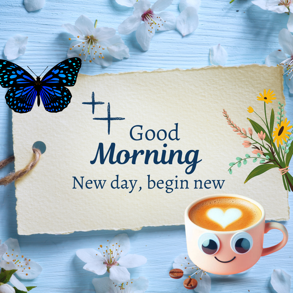 20+ Good morning coffee images 3 Smiling coffee, flowers, butterfly, and good morning message on note