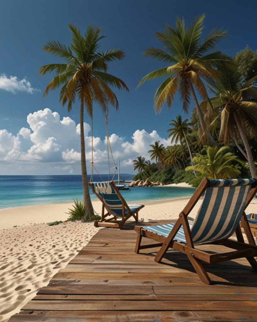 Striped chairs and palm swings on tropical beach with ocean wallpaper