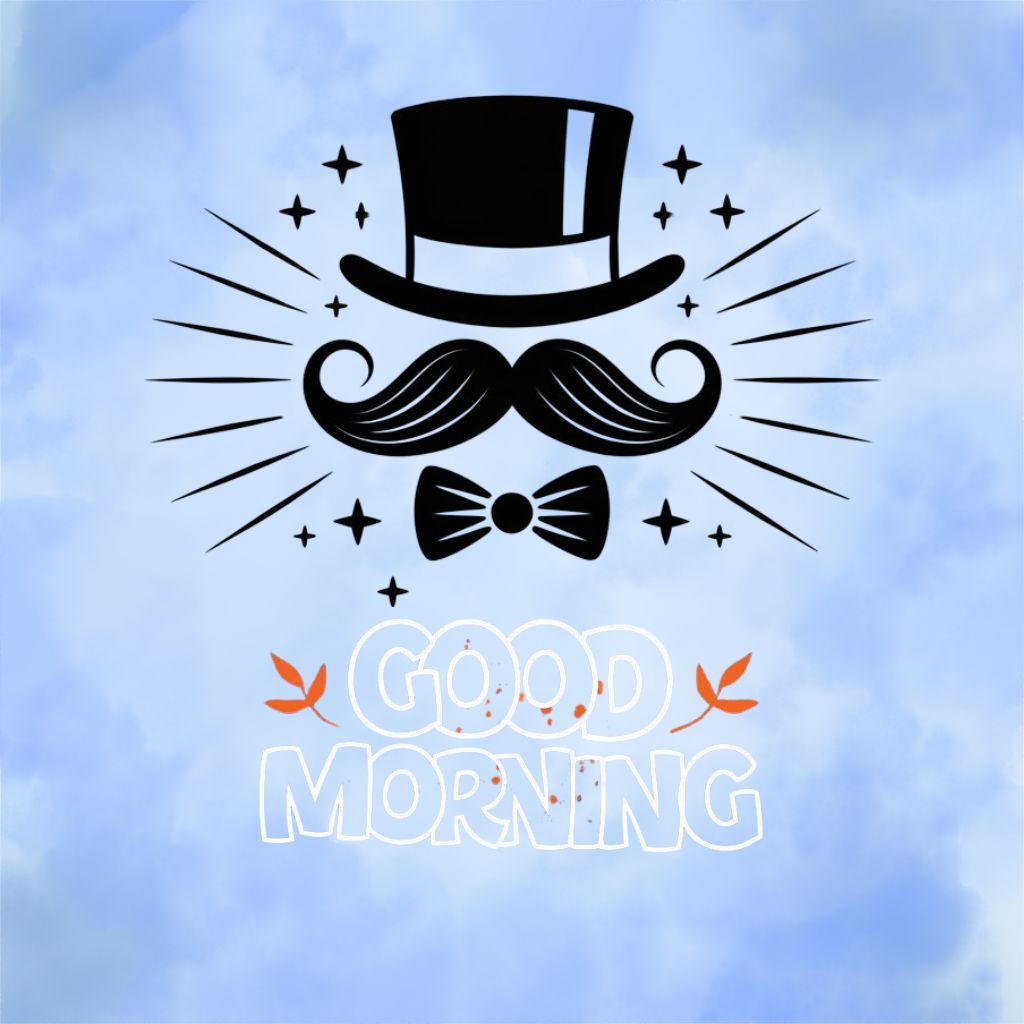 20+ Good Morning Image to Start Mornings with Smiles 12 Stylized graphic of a top hat, mustache, and bowtie with "Good Morning" text on a light blue cloudy background
