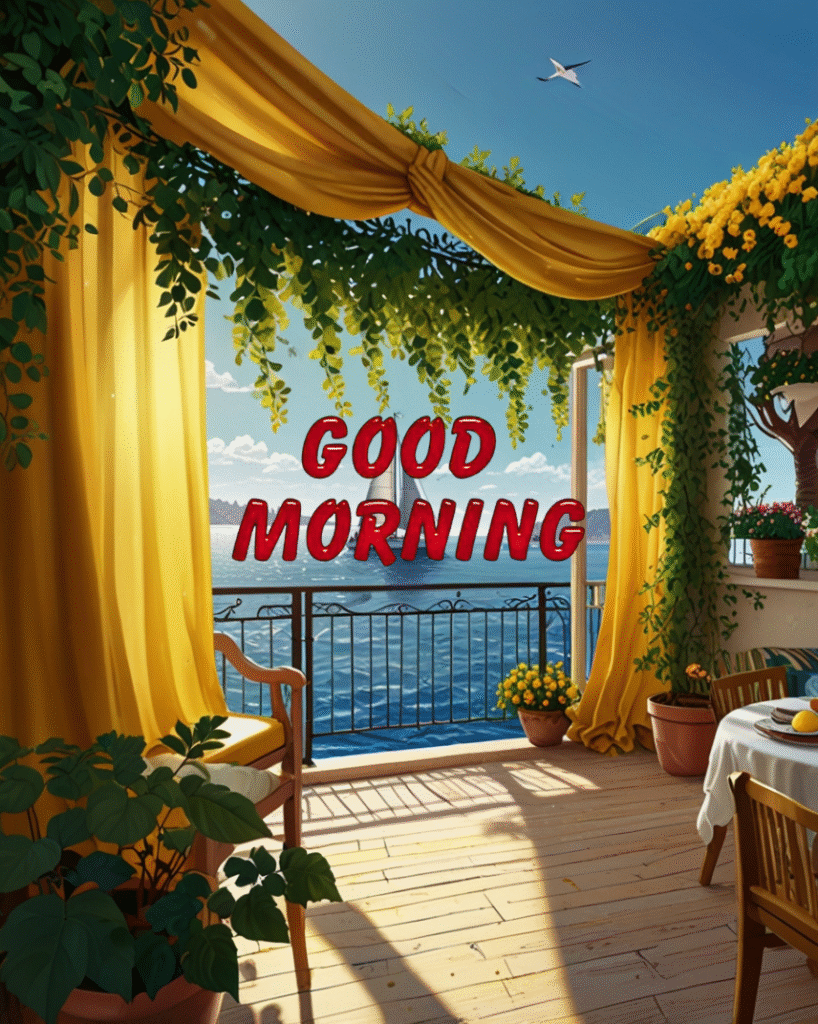 Sunny balcony with ocean view, yellow curtains, and good morning wishes