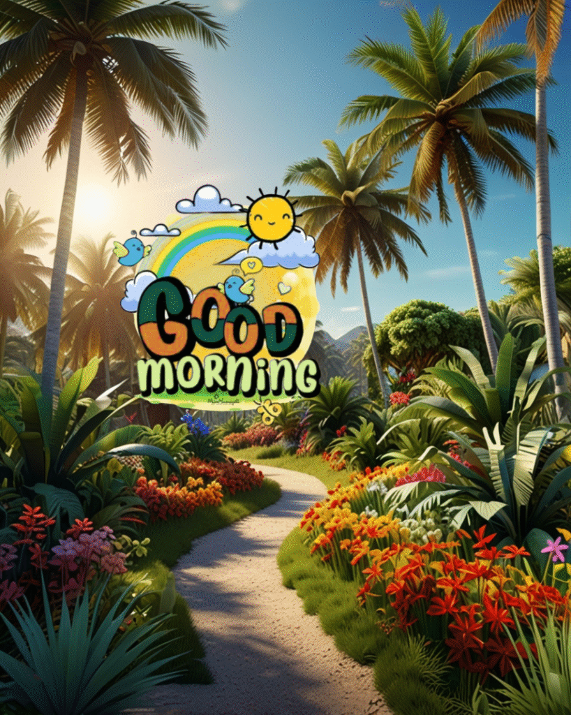 Sunny garden path with palm trees, flowers, rainbow, cheerful design