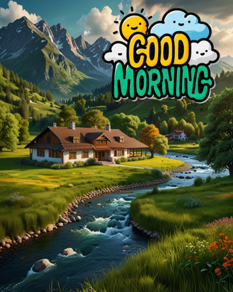 Sunny morning by river with house, mountains, and cheerful greeting