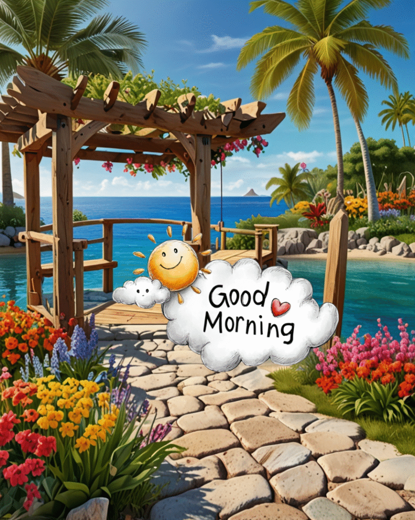 Sunny tropical garden, wooden archway, ocean view, good morning wishes