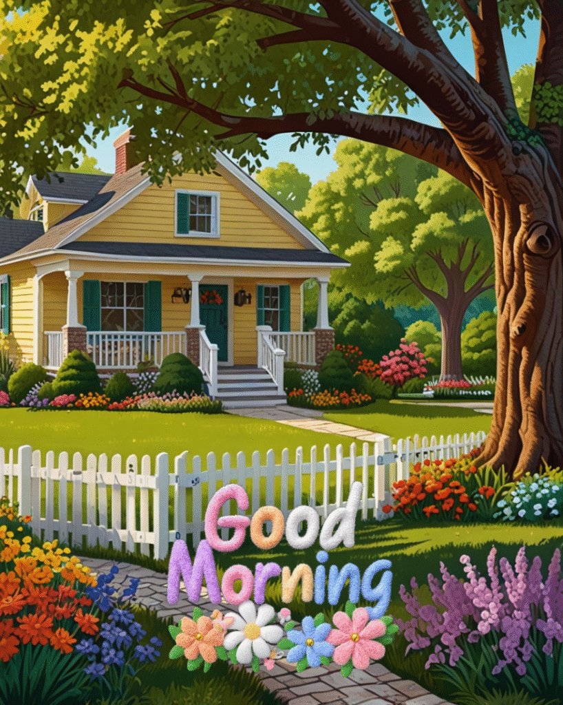 Sunny yellow house with garden flowers and cheerful good morning message