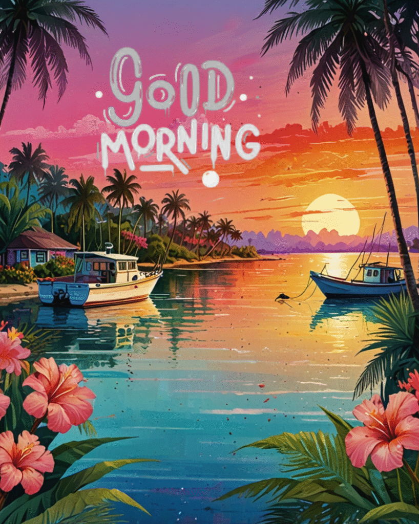 Sunrise over tropical bay with boats, flowers, and good morning